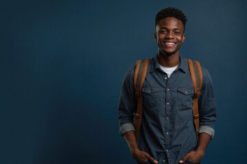 Obraz premium American-African male individual with smile on face next to empty space on dark blue background. Young handsome student wearing t-shirt and jeans, wearing a backpack.