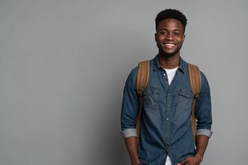 Obraz premium American-African male individual with smile on face next to empty space on gray background. Young handsome student wearing t-shirt and jeans, wearing a backpack.