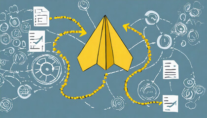 Obraz premium Yellow paper plane and business process, Workflow, Flowchart, Process Concept