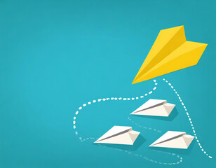 Yellow paper plane and business strategy. Business success, innovation and solution concept, copy...