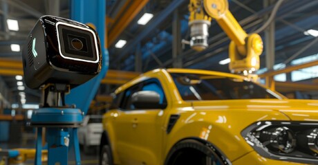 An intelligent robot manipulator builds a car in an automotive production facility. Modernization and automation of the production process. The concept of robotization of the automotive industry