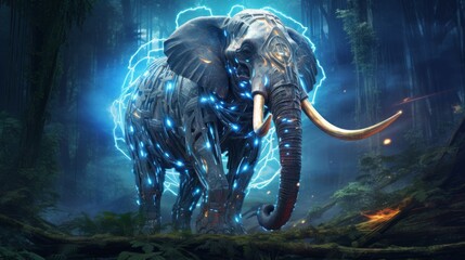 A futuristic portrayal of an Ice Age mammoth decorated with glowing cybernetic enhancements, surrounded by a technologically advanced jungle