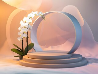 podium display for product mock-up with white orchid on pastel background 