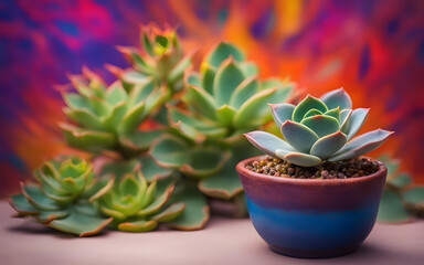 A small succulent in a colorful pot against a vibrant, abstract background, symbolizing growth and resilience.