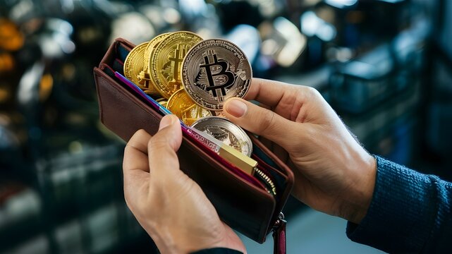 Grasping Cryptocurrency Wealth: A Wallet Bursting with Bitcoin. Concept Cryptocurrency, Bitcoin, Wealth, Wallet, Finance