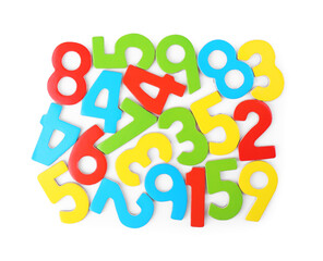 Colorful numbers on white background, top view