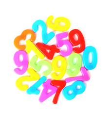 Colorful numbers on white background, top view