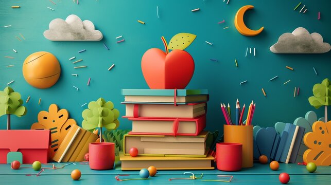 Creative 3D illustration of a back to school theme, a stack of books with an apple on top, school supplies around on a green school board background. 