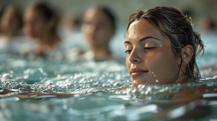 Document the health and wellness benefits of swimming with images of individuals engaging in aquatic exercise and fitness routines.