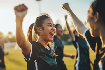 Cheerful team of female soccer players celebrating victory by raising hands and shouting out of joy on stadium - 780656524