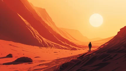 Fotobehang Vermiljoen Silhouette of lonely man standing on the desert hills  