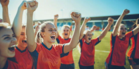 Cheerful team of female soccer players celebrating victory by raising hands and shouting out of joy on stadium