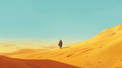 Fototapeta na wymiar Silhouette of lonely man standing in hot desert