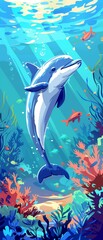 Fototapeta na wymiar Illustration of a playful cartoon dolphin in an underwater world, vibrant, colorful background