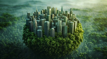 A 3D illustration of planet Earth, featuring a green cityscape - obrazy, fototapety, plakaty