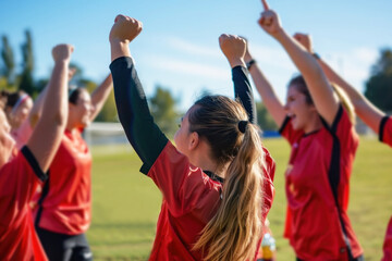 Cheerful team of female soccer players celebrating victory by raising hands and shouting out of joy on stadium - 780656582