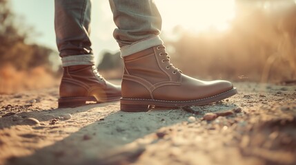 a man's feet from the side, walking on a sandy road in a stylish, modern style, quality buffalo leather boots