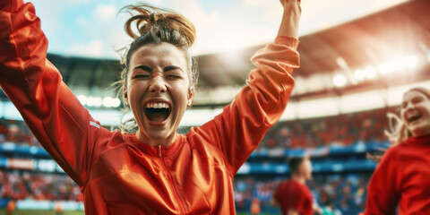 Cheerful female soccer player celebrating victory by raising hands and shouting out of joy on stadium - obrazy, fototapety, plakaty