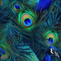 Peacock feathers with vibrant blue and green. seamless