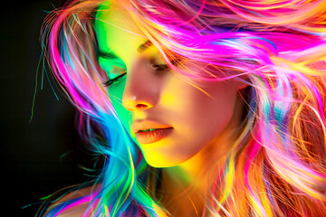 Portrait of a beautiful girl with rainbow neon asymmetric hair style on black background.