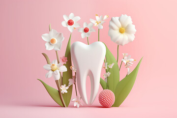 White healthy tooth on pink background