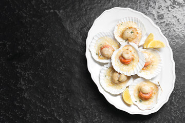 Fried scallops in shells and lemon on black textured table, top view. Space for text