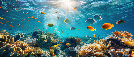 many tropical fishes swimming under the sea - obrazy, fototapety, plakaty