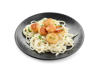 Delicious scallop pasta with green onion in plate isolated on white