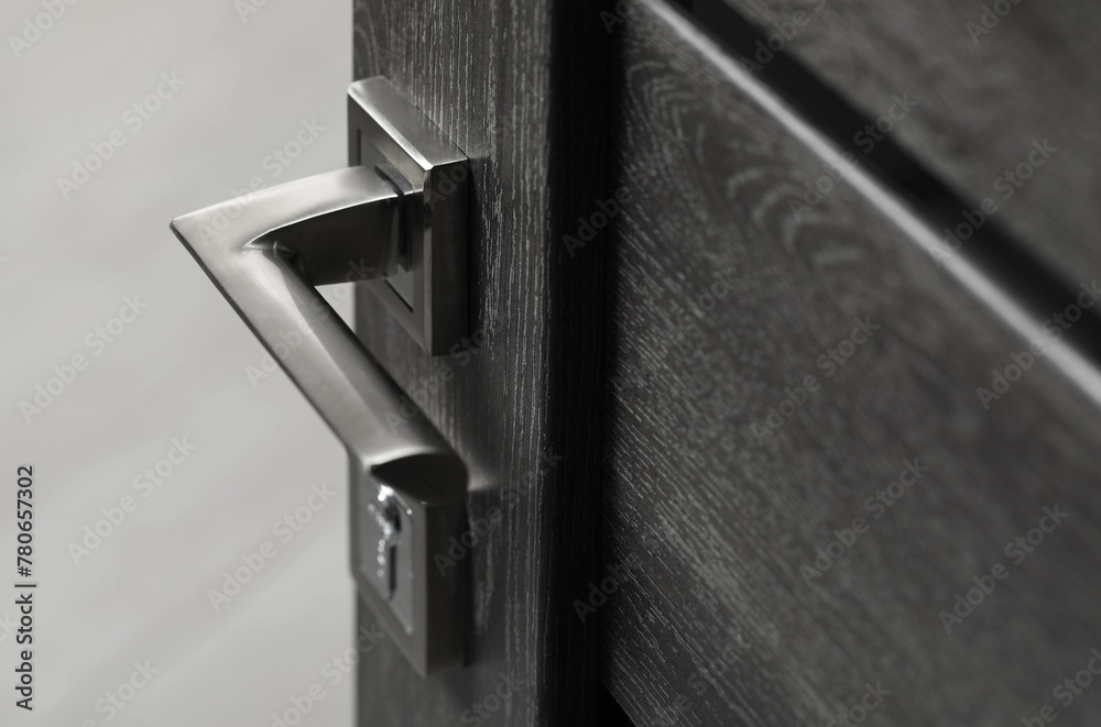 Poster Open wooden door with metal handle, closeup