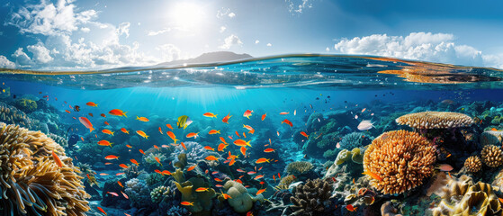 many tropical fishes swimming under the sea