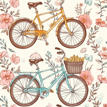Bicycle pattern with vintage bike and floral basket. seamless
