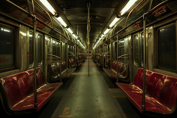 Empty subway car interior with red seats and metallic poles, illuminated by overhead lights, creating a moody atmosphere. Ideal for themes of urban transport, solitude, or city life.