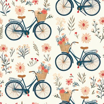 Bicycle pattern with vintage bike and floral basket. seamless