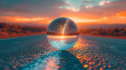 A 3D vector illustration of a Christmas glass ball reflecting a serene road at sunset - obrazy, fototapety, plakaty