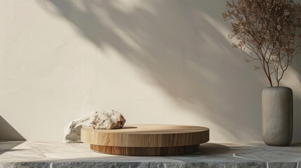 Zen-Inspired Product Display with Wooden Round Podiums, Textured Rock, and Vase on a Sunlit Background