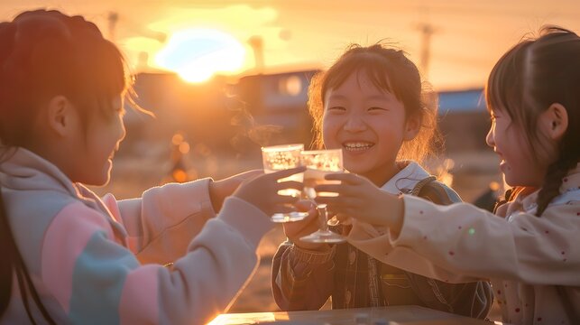 Joyful Korean Young Women Sharing Celebratory Toast Amidst Warm Sunset Atmosphere
