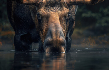 Maitland National Park, New England, close up of moose grazing in the water