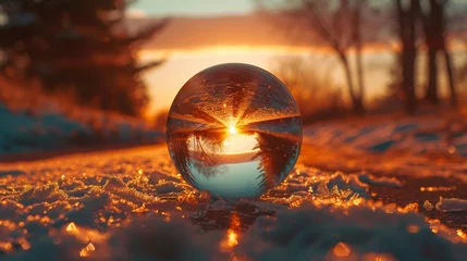 Rolgordijnen A Christmas glass globe reflecting a road under the sunset, its image blurred © MAY