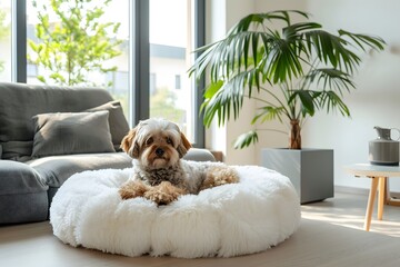 White Donut Dog Bed Made of Teddy Fleece Fabric in a Modern German Home - obrazy, fototapety, plakaty