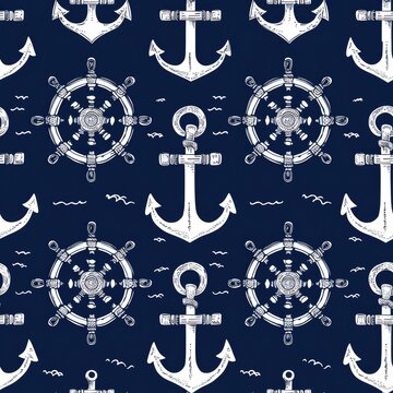 Nautical anchors and ship wheels in navy blue and white. seamless