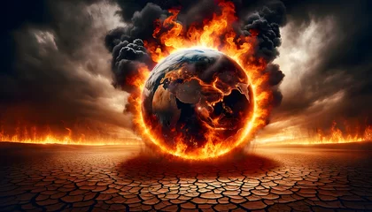 Fotobehang A striking representation of Earth on fire, evoking global warming. © KeetaKawee