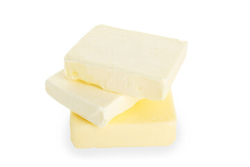 Stack of blocks of tasty butter isolated on white