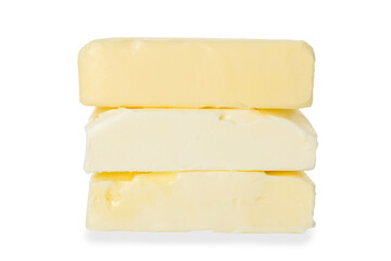 Stack of blocks of tasty butter isolated on white