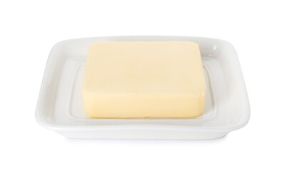 Dish with block of tasty butter isolated on white