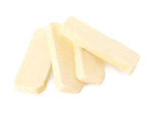 Slices of tasty butter isolated on white