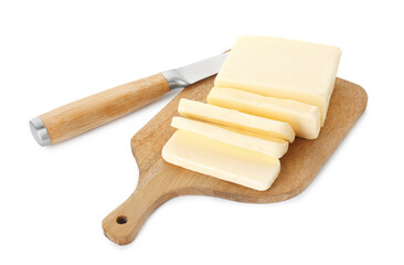 Board with tasty cut butter and knife isolated on white
