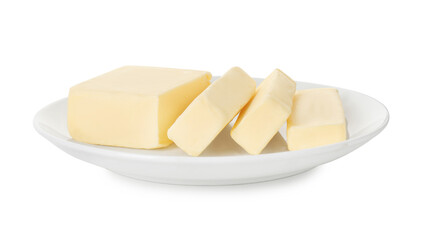 Plate with tasty cut butter isolated on white