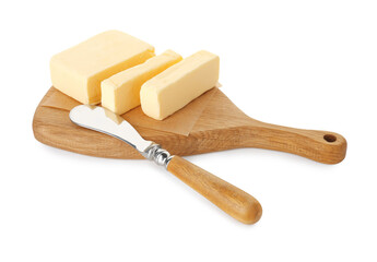 Board with tasty cut butter and knife isolated on white