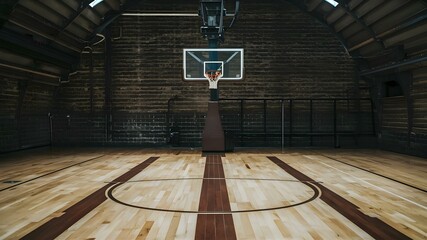 Classic Court: Retro Gym with Striped Maple Floor & Hoop. Concept Basketball, Retro, Gymnasium, Sports, Vintage - obrazy, fototapety, plakaty