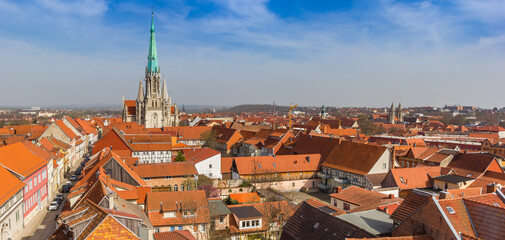 Panorama of the skyline with historic church in Muhlhausen, Germany